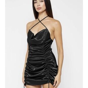 Maniere De Voir Black NWT Womens Ruched Satin Ropes Dress Adjustable Rope Size 2